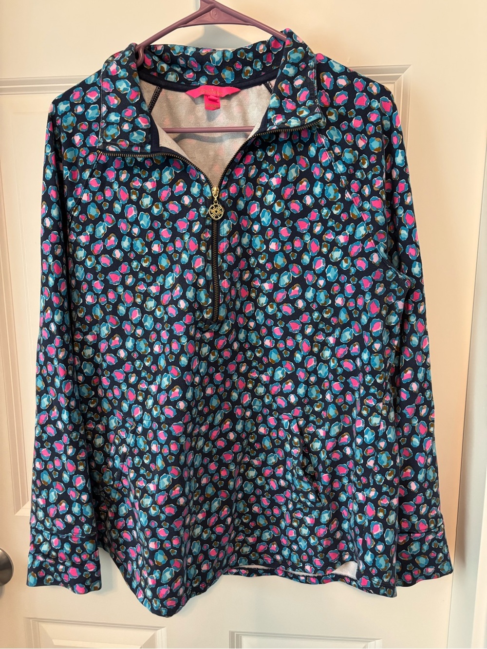 Lilly Pulitzer Skipper Popover Navy Spotted in the Wild Cheetah Leopard Half Zip